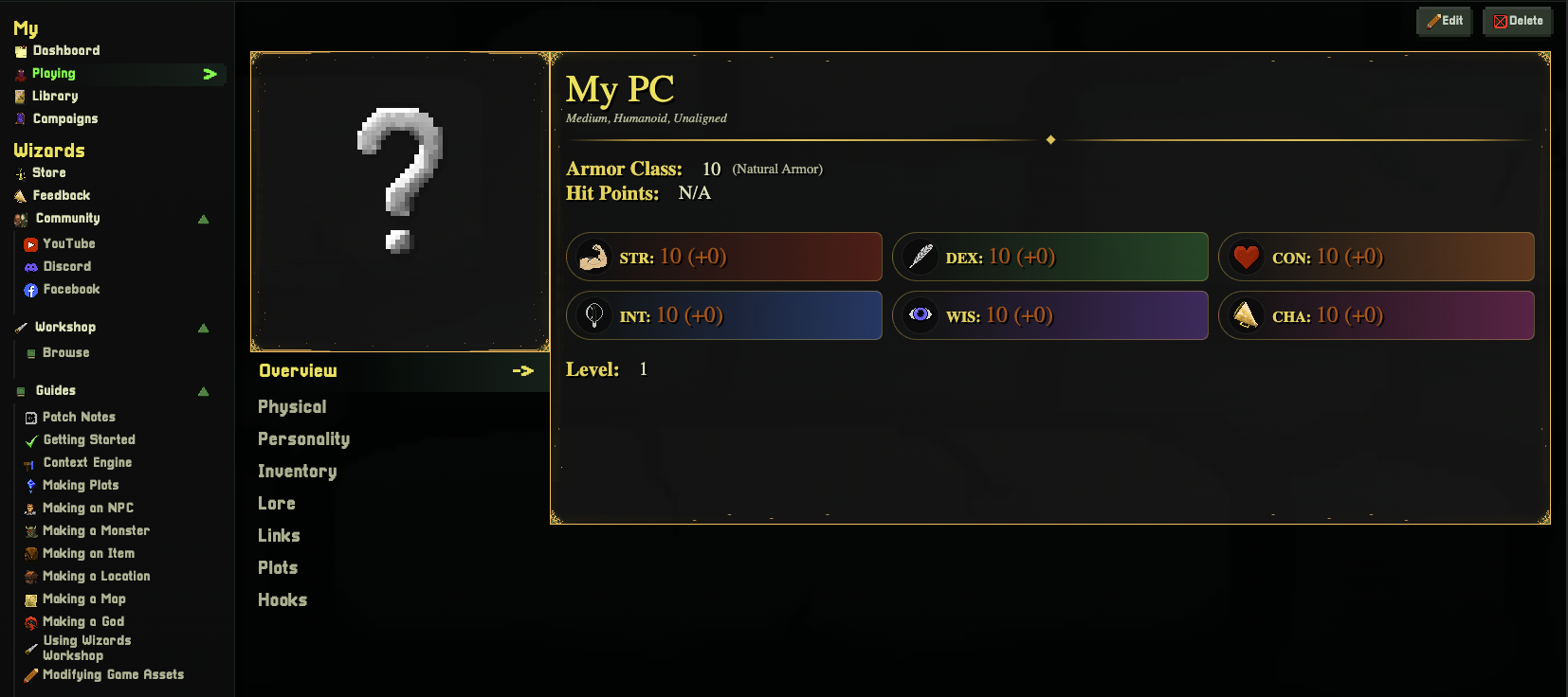 Interactive Player Character sheet interface in World Wizard