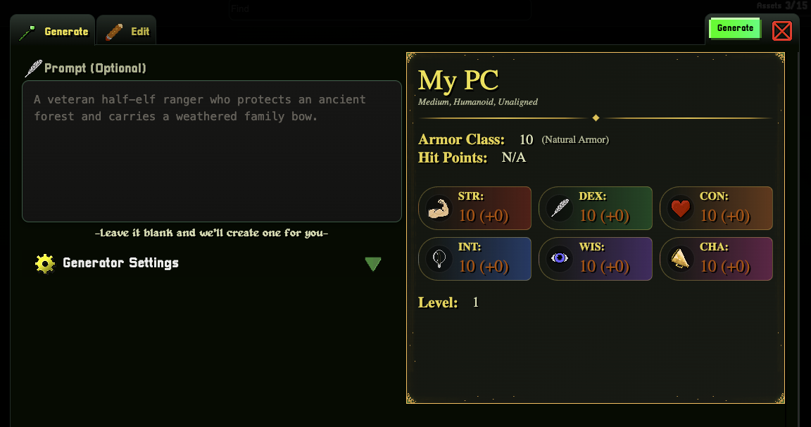The World Wizard Player Character generator interface with prompt field and preview panel