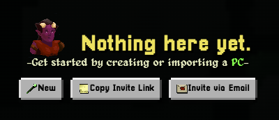 World Wizard Playing page showing New character, Copy Invite Link, and Invite via Email buttons